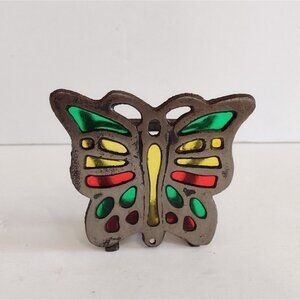 Vintage 1980s Taiwan Stained Glass Acrylic Butterfly Napkin Holder Cast Iron
